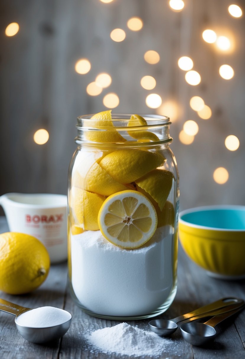 A glass jar filled with lemon peels and borax powder, surrounded by measuring spoons and a mixing bowl