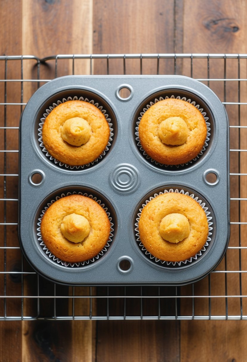 A muffin top pan filled with freshly baked sweet cornbread muffins cooling on a wire rack