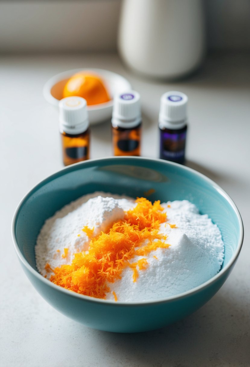 A bowl of orange zest, baking soda, and essential oils mixed together on a clean kitchen counter