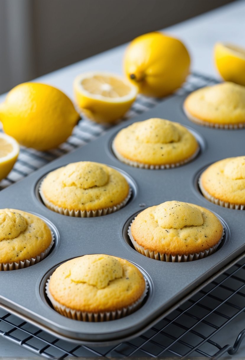 A muffin top pan filled with freshly baked lemon poppy seed muffins cooling on a wire rack