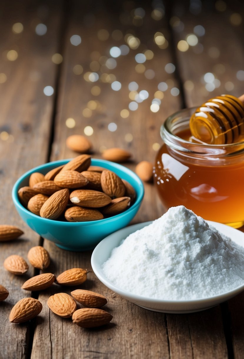 A bowl of almonds and a jar of honey next to a pile of homemade washing powder