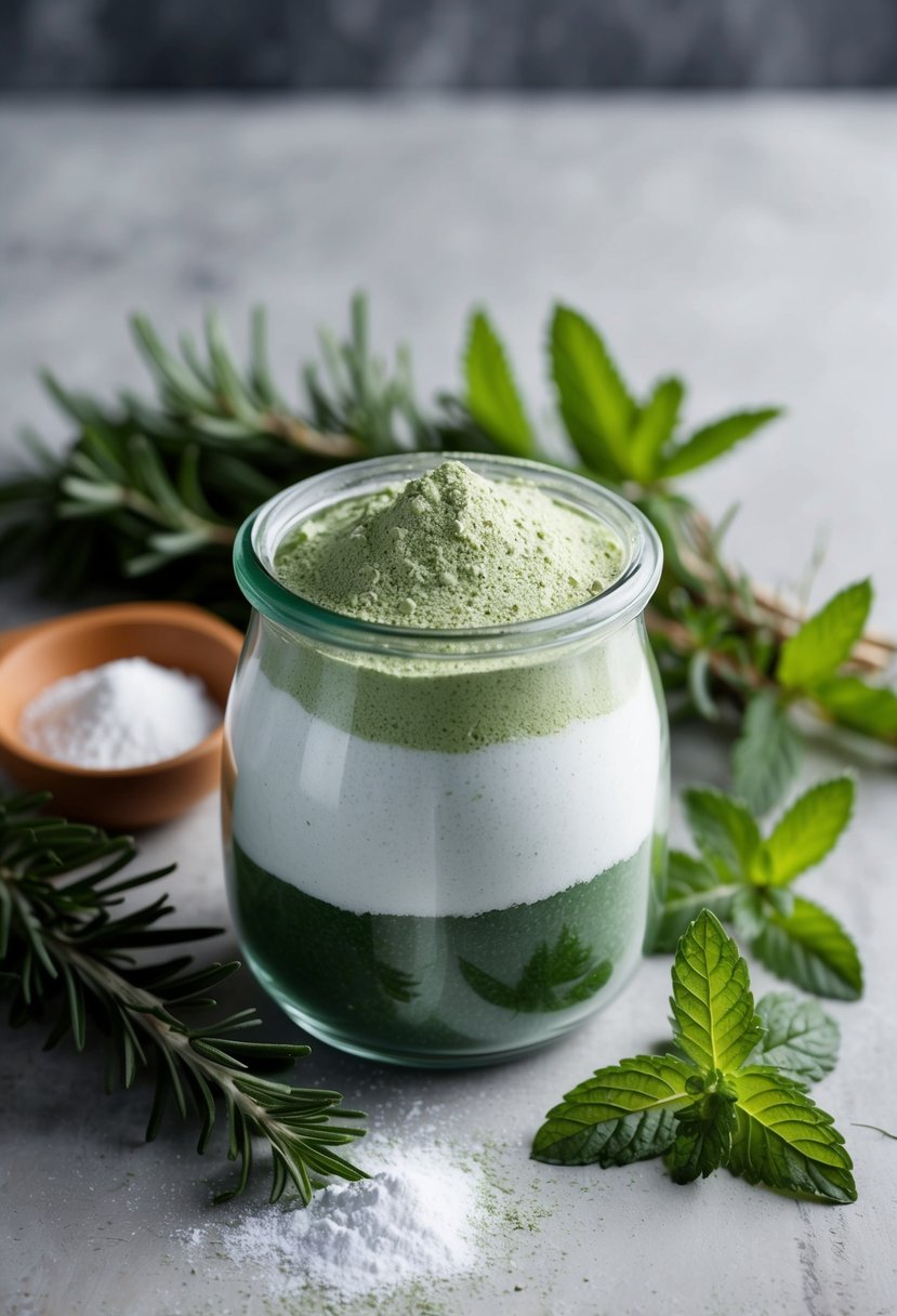 A glass jar filled with green and white powdered ingredients, surrounded by fresh rosemary and peppermint leaves