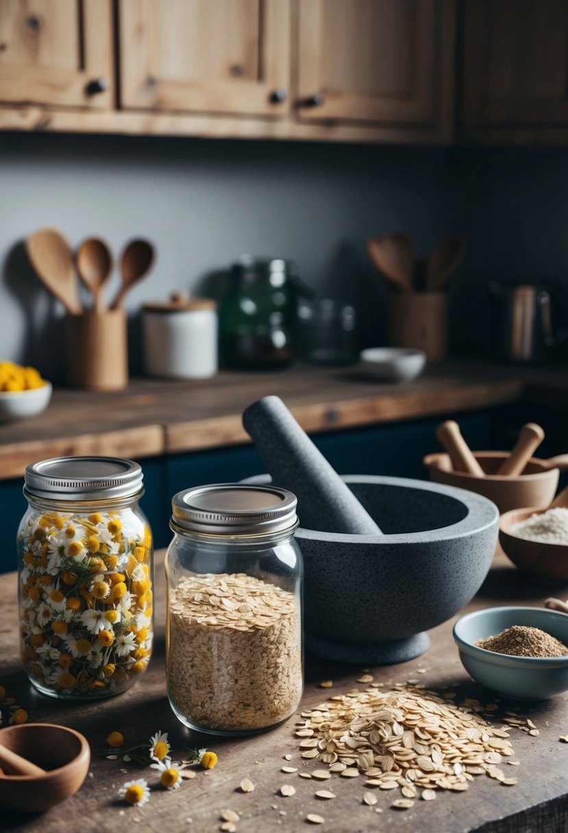 A rustic kitchen counter with jars of chamomile and oats, a mortar and pestle, and a mixing bowl with ingredients scattered around