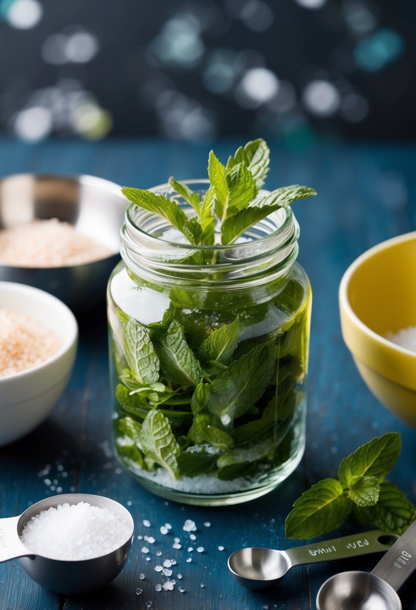 A glass jar filled with mint leaves and sea salt, surrounded by measuring spoons and a mixing bowl