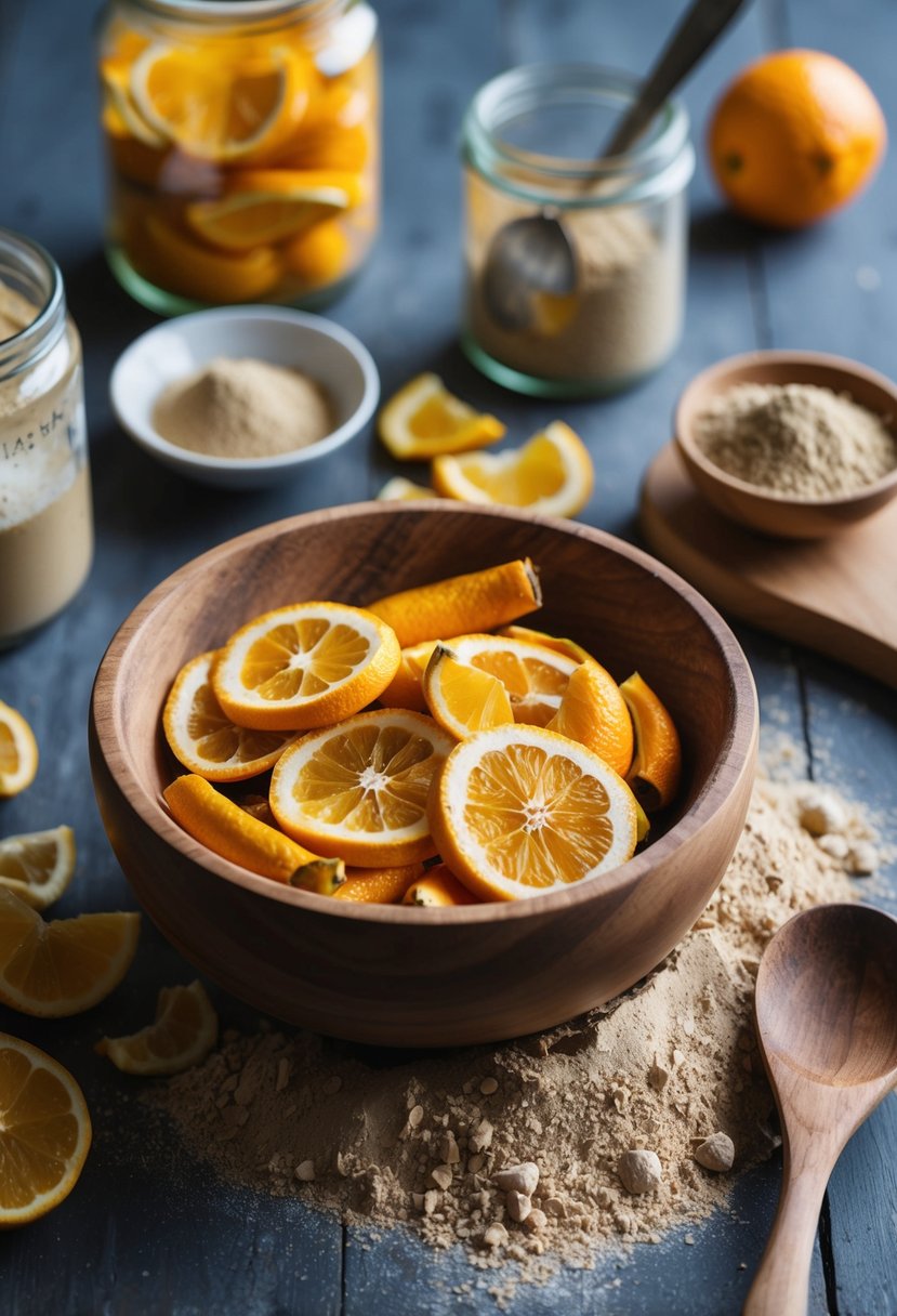 A wooden bowl filled with citrus peels and clay powder, surrounded by jars of ingredients and a mixing spoon