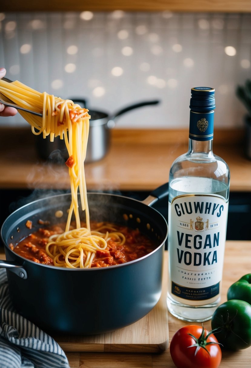 A pot of boiling pasta, simmering tomato sauce, and a bottle of vegan vodka on a wooden kitchen counter