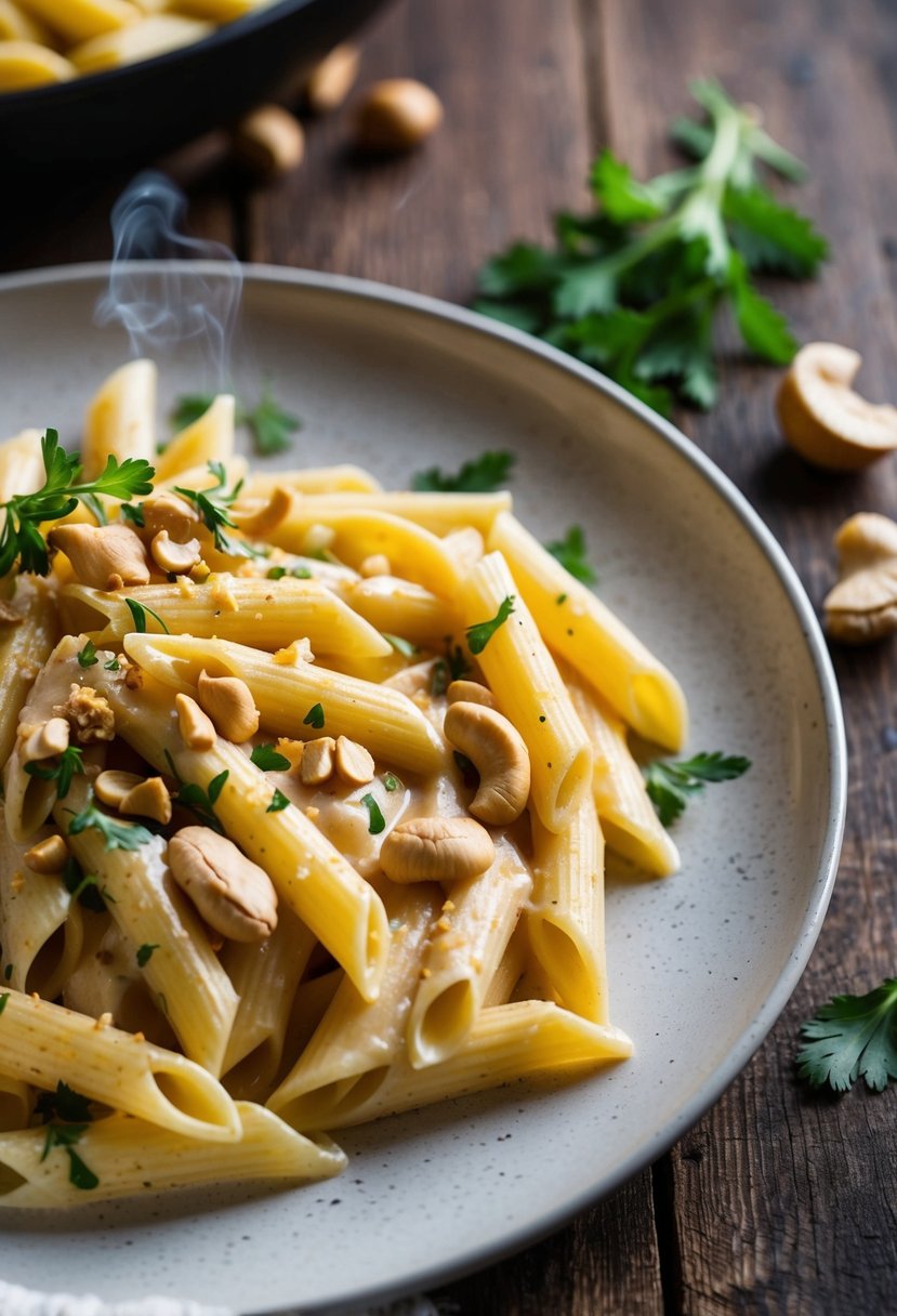 A steaming plate of penne pasta in a creamy vodka sauce, topped with crushed cashews and fresh herbs, sits on a rustic wooden table