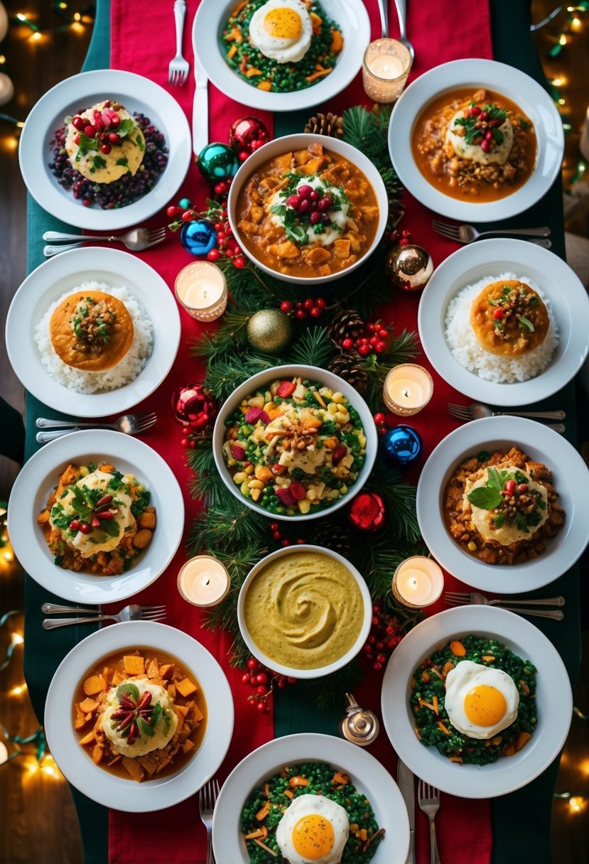 A festive table set with various Whole30-compliant holiday dishes, surrounded by colorful decorations and twinkling lights