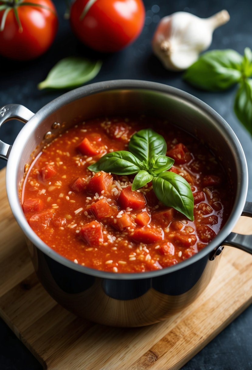 A pot of simmering tomato vodka sauce with fresh basil and garlic