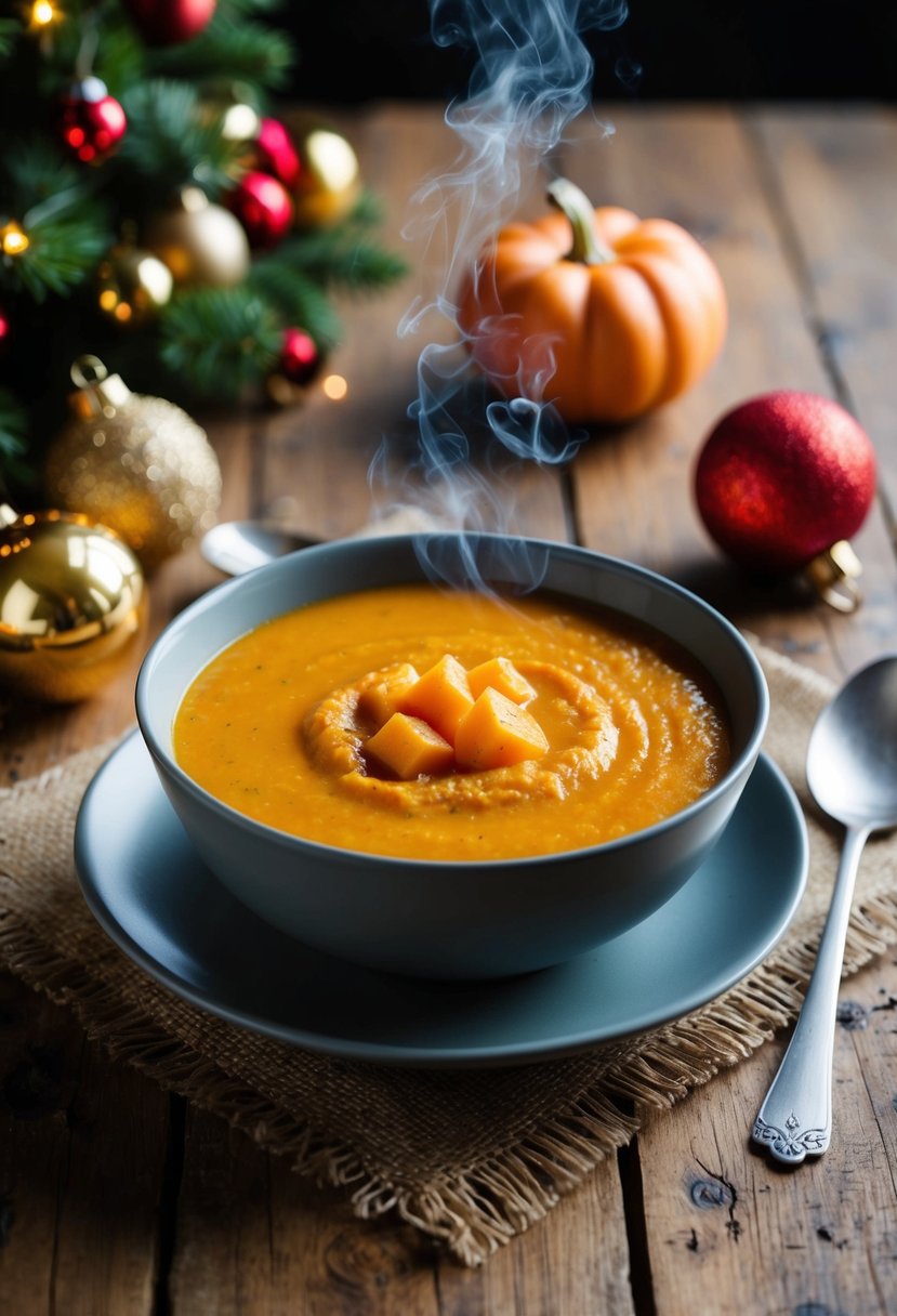 A steaming bowl of spiced butternut squash soup sits on a rustic wooden table, surrounded by festive holiday decorations