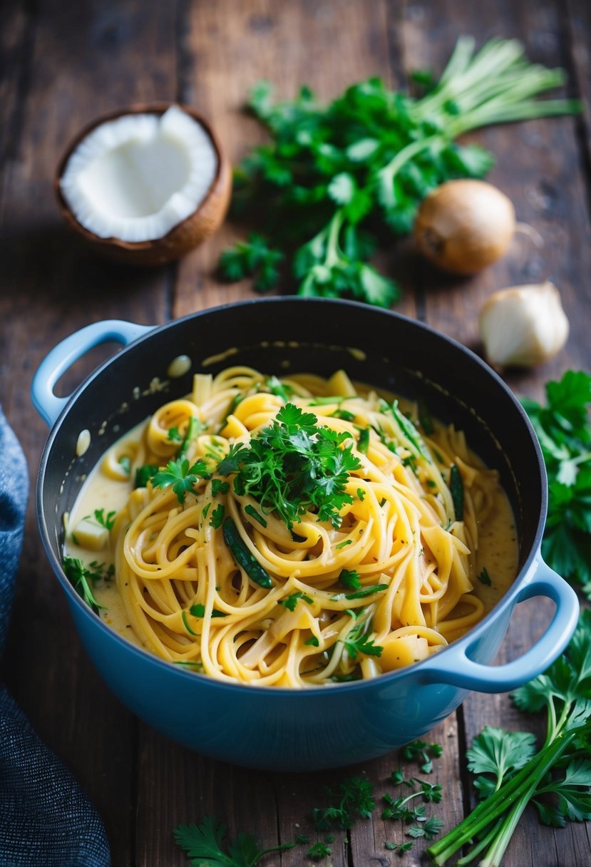 A simmering pot of coconut milk vodka pasta with fresh herbs and vegetables on a rustic wooden table