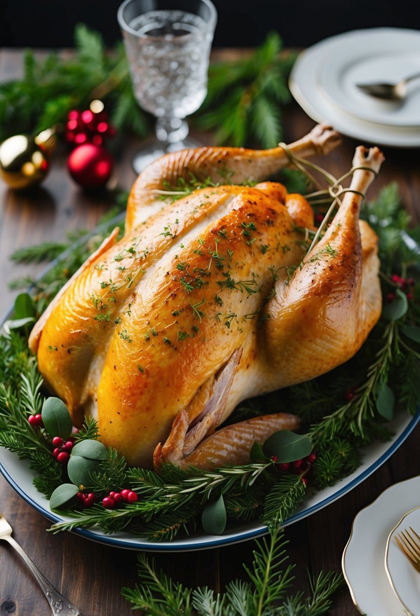 A golden herbed turkey breast surrounded by festive holiday greenery and herbs