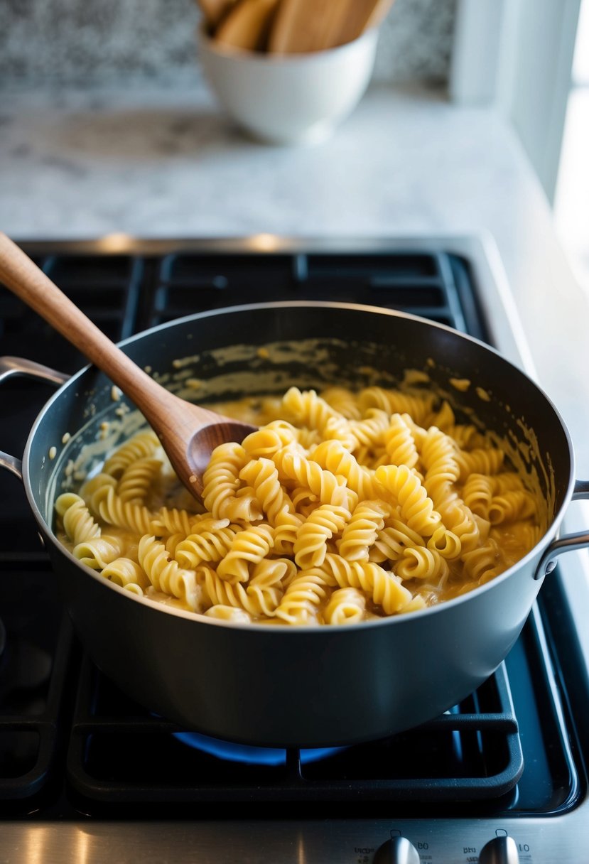 A pot of creamy vegan vodka fusilli simmering on a stovetop, with a wooden spoon stirring the pasta in a rich, creamy sauce