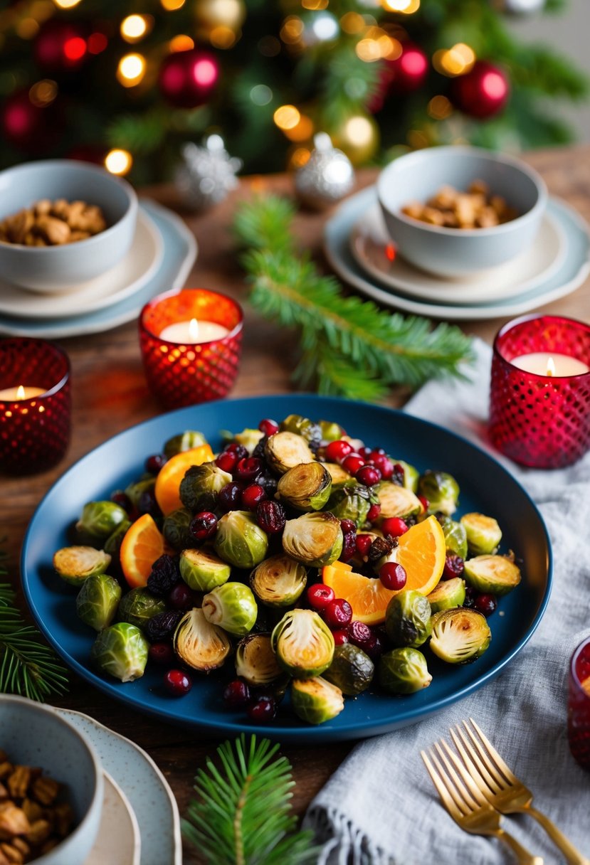 A festive holiday table with a platter of roasted cranberry orange brussel sprouts surrounded by seasonal decorations