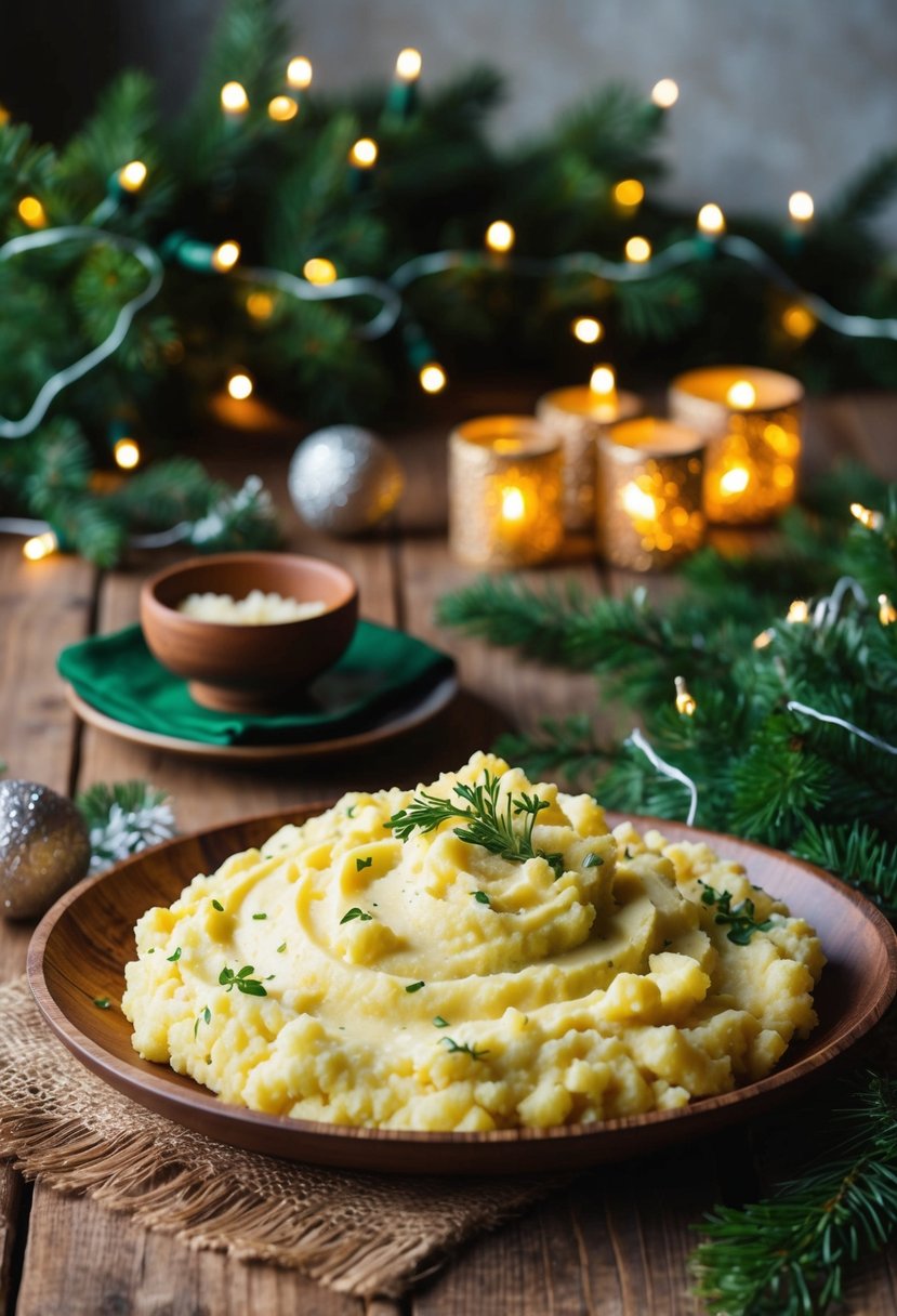 A rustic wooden table set with a festive platter of creamy garlic mashed cauliflower, surrounded by seasonal greenery and twinkling fairy lights