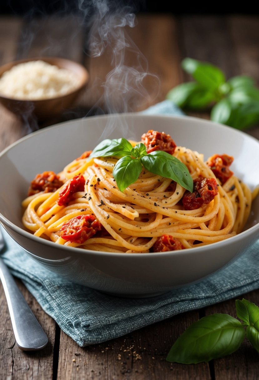 A steaming bowl of sun-dried tomato vegan vodka pasta sits on a rustic wooden table, garnished with fresh basil and cracked black pepper