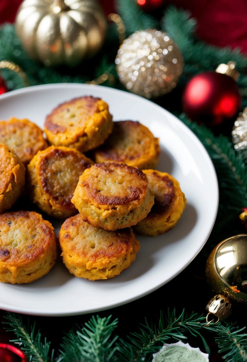 A plate of golden brown pumpkin sage sausage patties surrounded by festive holiday decorations