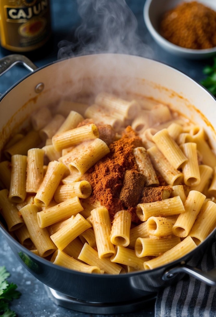 A steaming pot of rigatoni pasta simmering in a rich, creamy vegan vodka sauce, with Cajun spices sprinkled on top