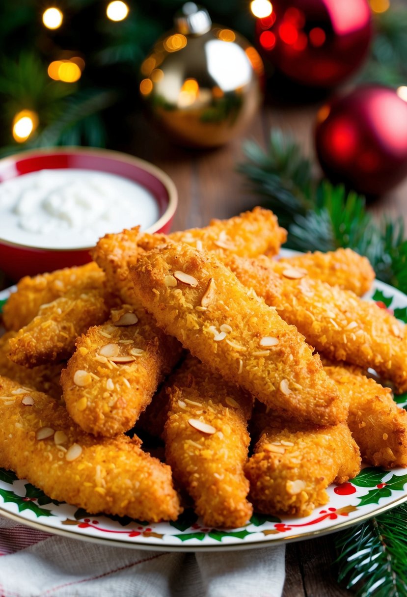 Golden almond-crusted chicken tenders arranged on a festive holiday platter