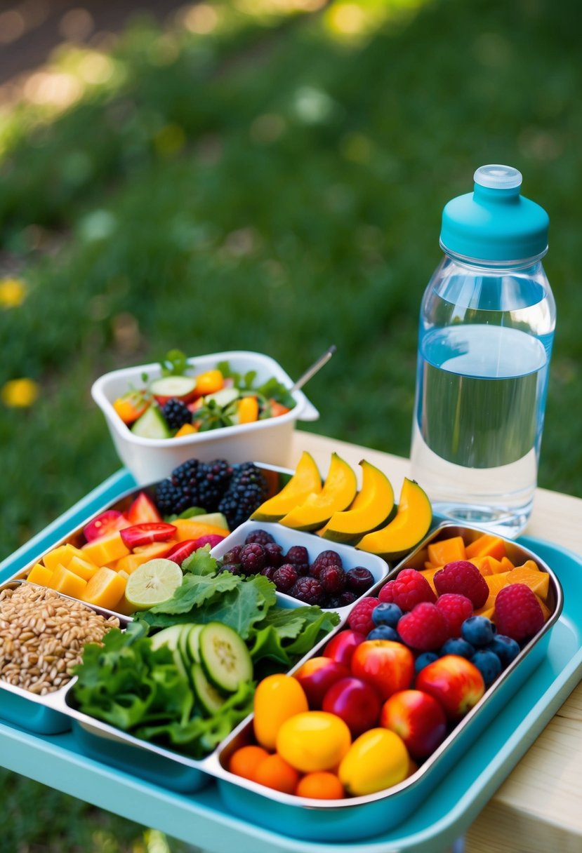 A colorful array of fresh fruits, vegetables, and whole grains arranged on a lunch tray, with a water bottle and a reusable container of homemade salad