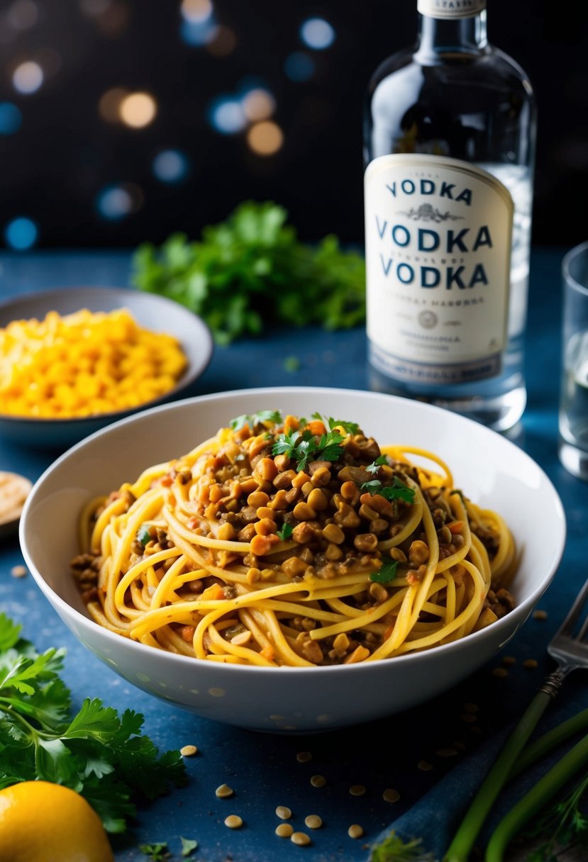 A steaming bowl of spicy lentil vodka sauce pasta, surrounded by fresh ingredients and a bottle of vodka