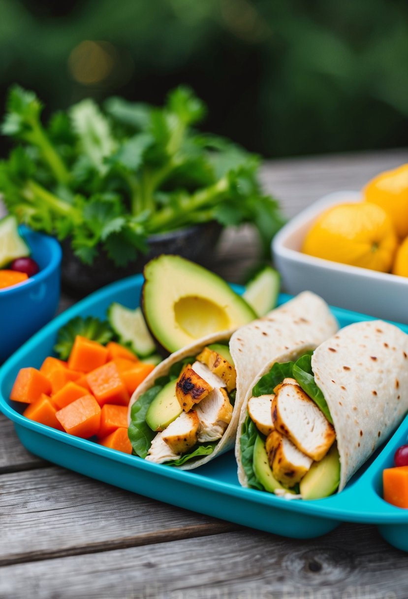 A colorful lunch spread with a grilled chicken and avocado wrap, fresh vegetables, and a side of fruit