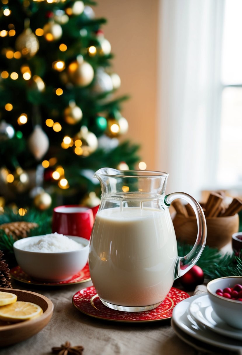 A festive table with a pitcher of coconut milk eggnog surrounded by holiday decorations and ingredients