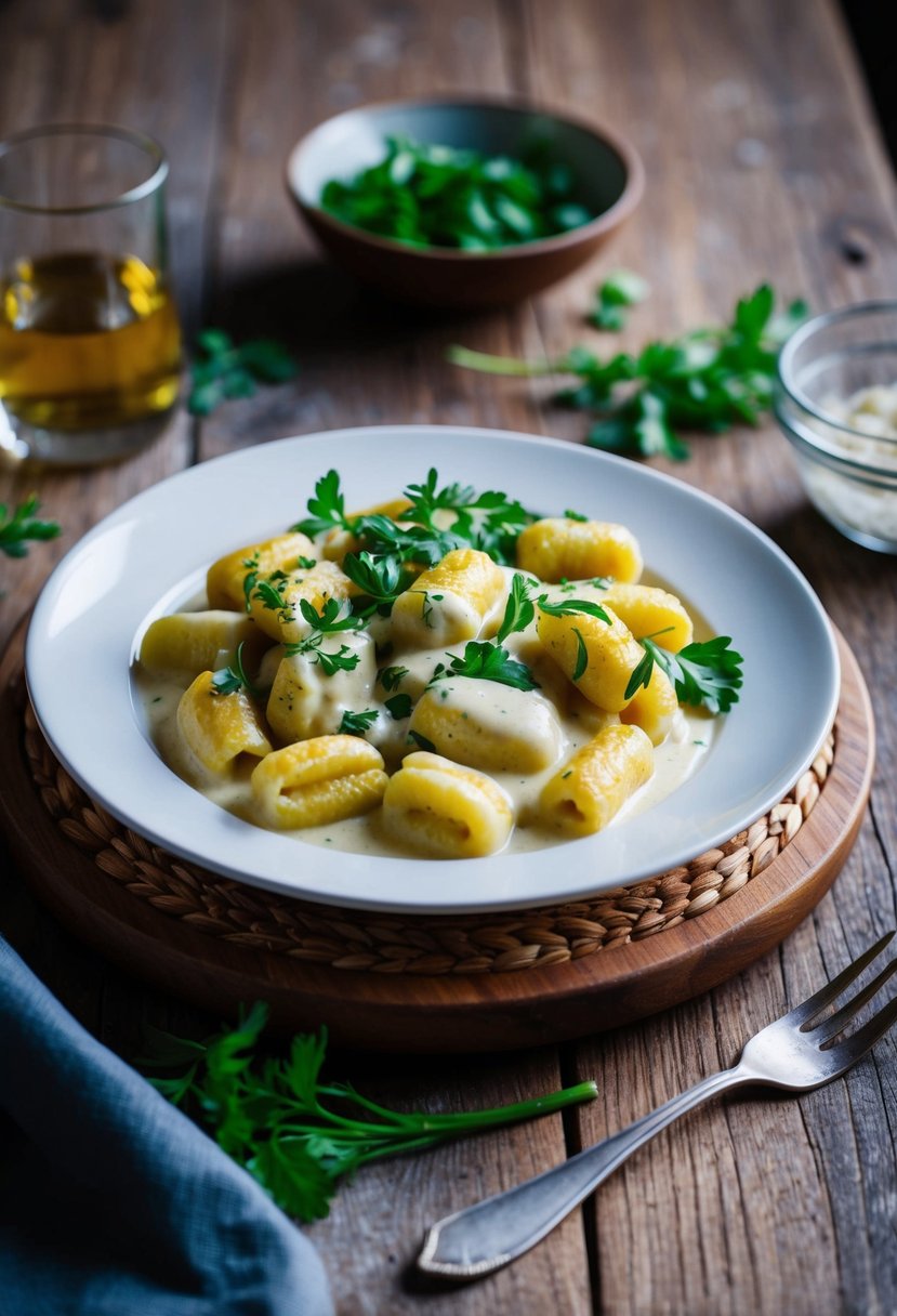 A steaming plate of vegan vodka gnocchi with fresh herbs and a creamy vodka sauce, served on a rustic wooden table