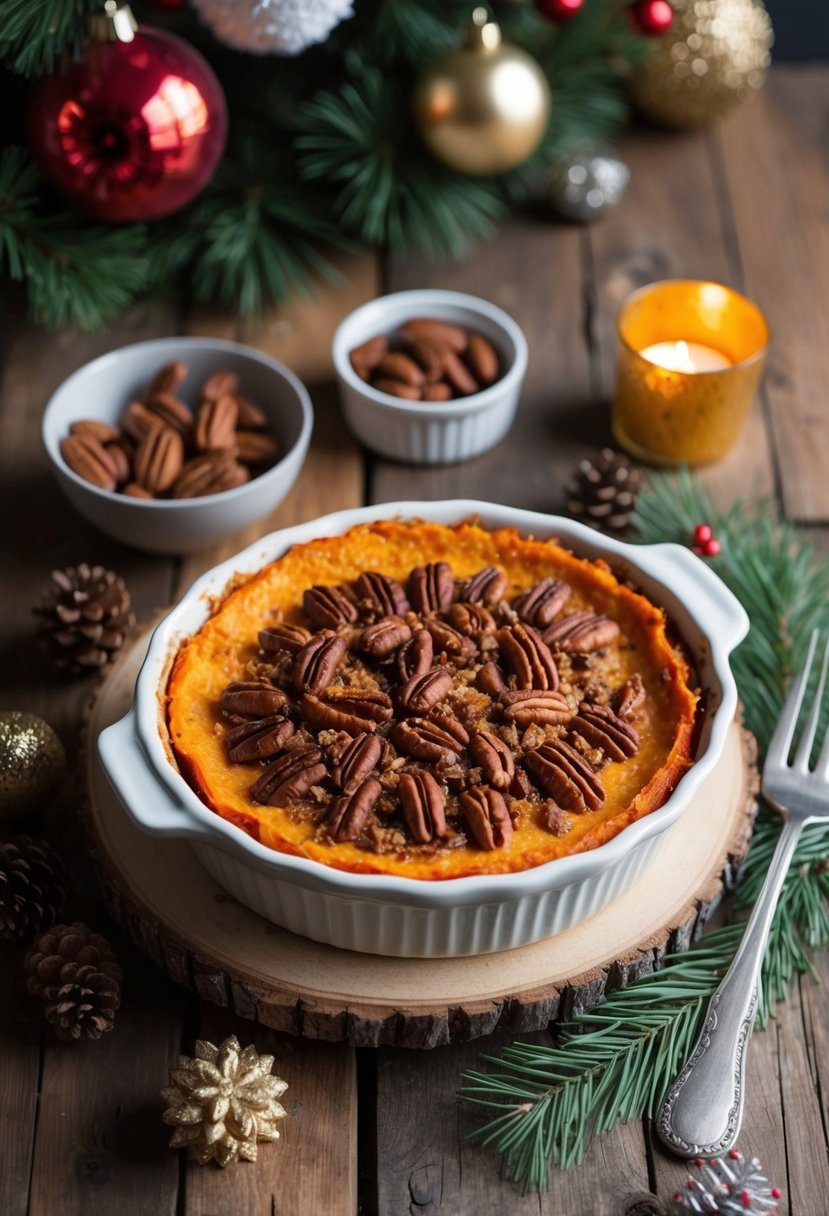 A rustic wooden table displays a golden-brown sweet potato casserole with a crunchy pecan crust, surrounded by festive holiday decor