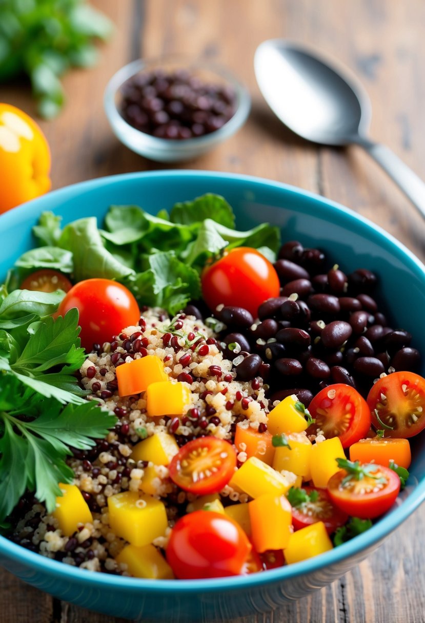 A colorful salad bowl filled with quinoa, black beans, cherry tomatoes, diced bell peppers, and fresh herbs