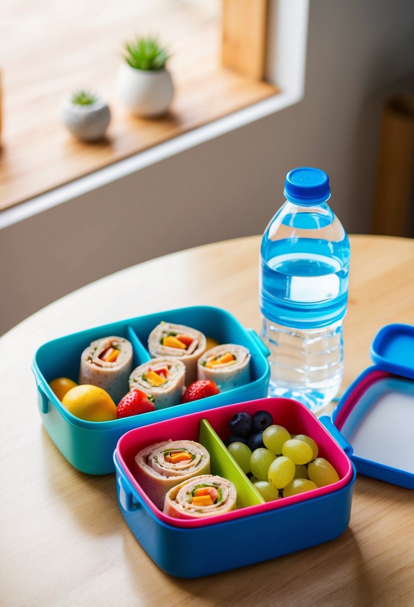 A colorful lunchbox filled with turkey and hummus roll-ups, fresh fruits, and a bottle of water sits on a clean, wooden table