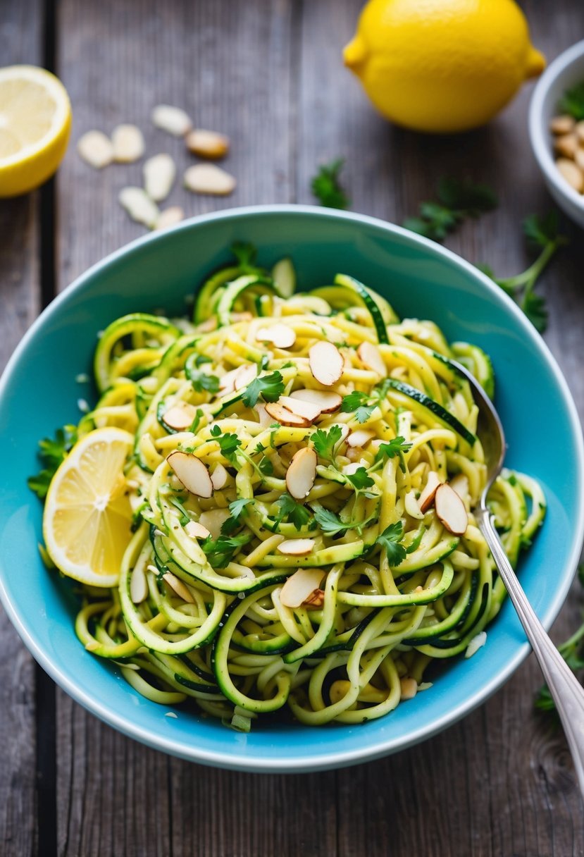 A colorful bowl of zucchini noodle salad with lemon vinaigrette, garnished with fresh herbs and sliced almonds, sits on a rustic wooden table