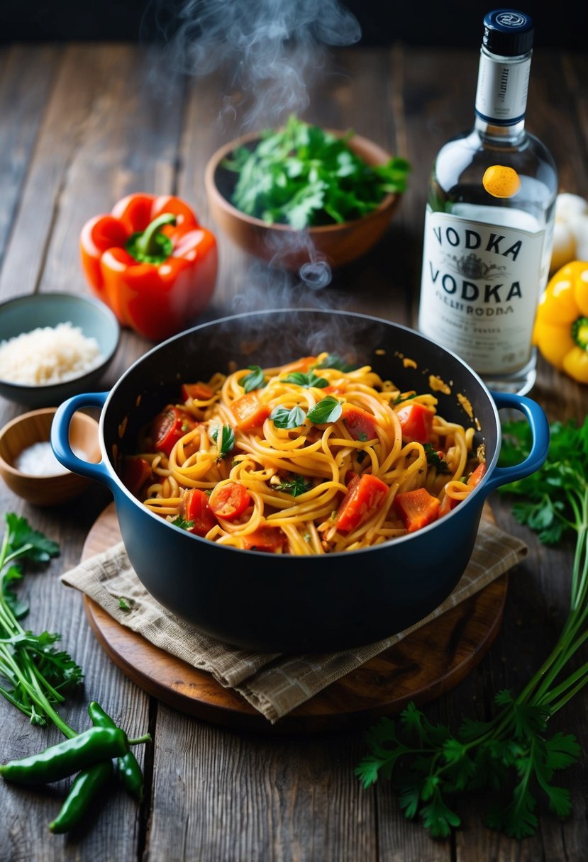 A steaming pot of vegan roasted red pepper vodka pasta on a rustic wooden table, surrounded by fresh ingredients and a bottle of vodka