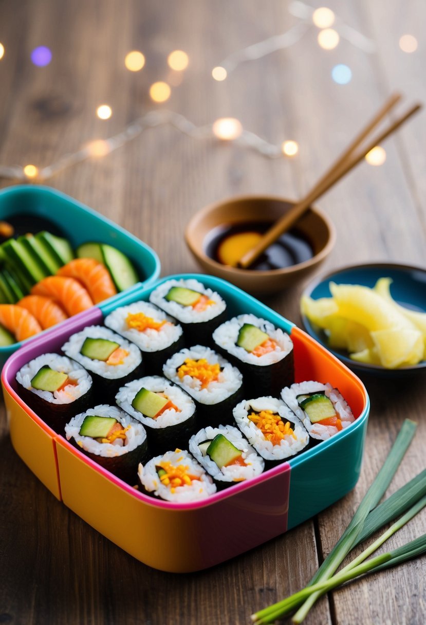 A colorful bento box filled with an assortment of fresh veggie sushi rolls, neatly arranged with a side of soy sauce and pickled ginger