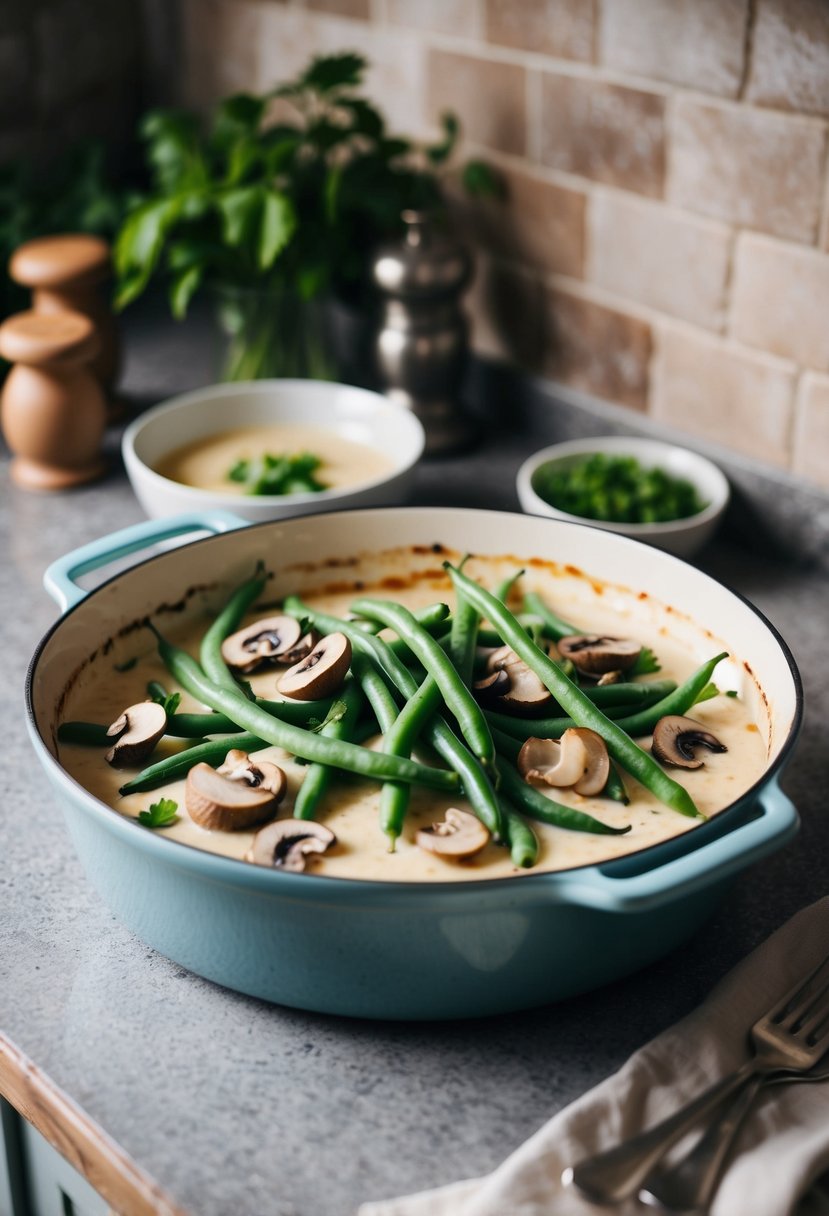 A rustic kitchen counter with fresh green beans, mushrooms, and a creamy sauce in a casserole dish