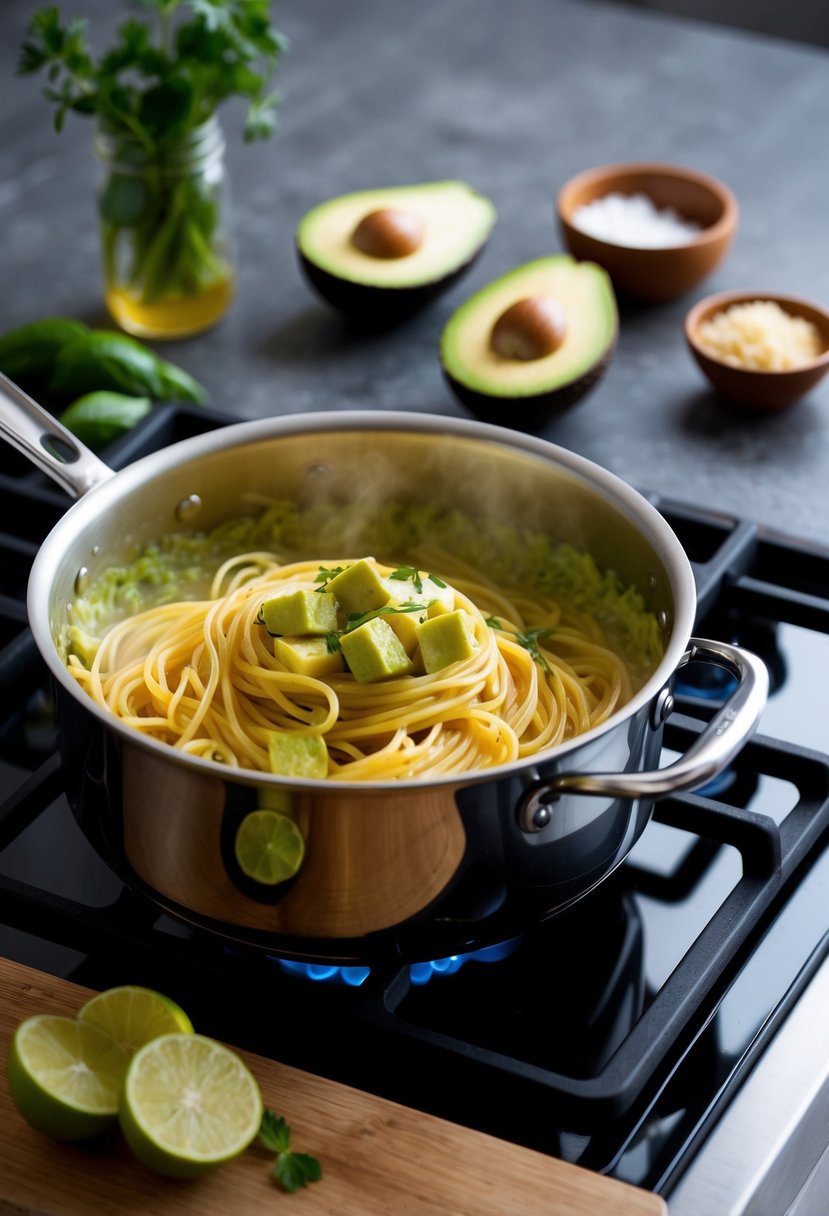 A pot of boiling spaghetti with avocado vodka sauce simmering on the stove. Ingredients laid out on a wooden cutting board