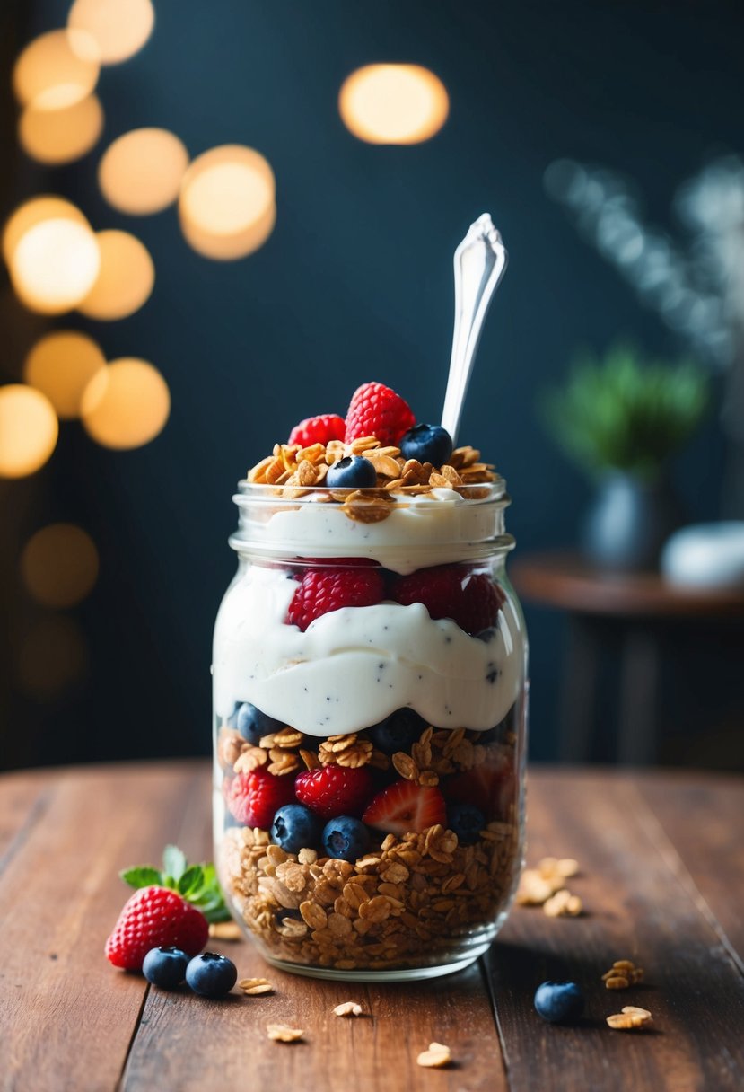 A colorful parfait with layers of Greek yogurt, granola, and fresh berries in a clear glass jar on a wooden table