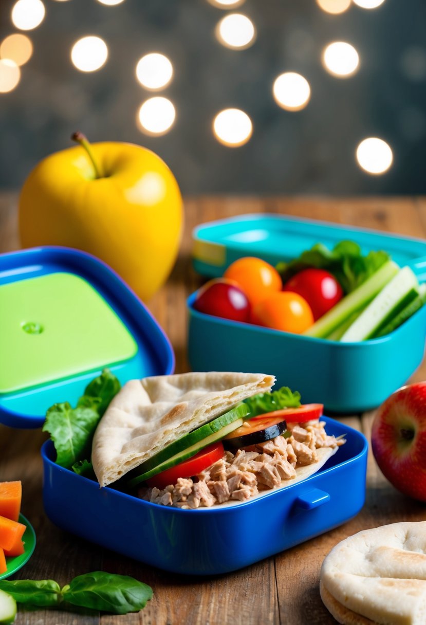 A colorful lunchbox open to reveal a whole wheat pita filled with tuna salad, alongside fresh fruits and vegetables, ready for a healthy school lunch