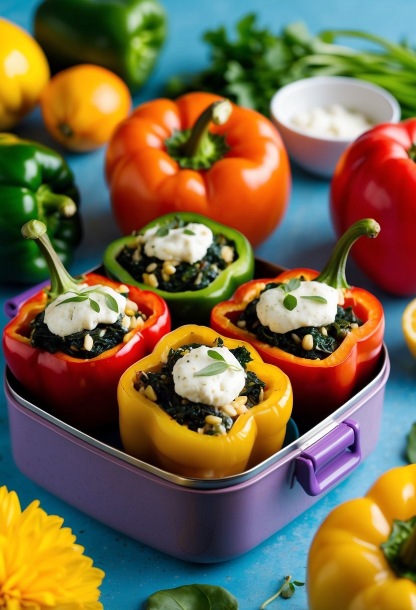 A colorful lunchbox filled with vibrant spinach and feta stuffed peppers, surrounded by fresh fruits and vegetables