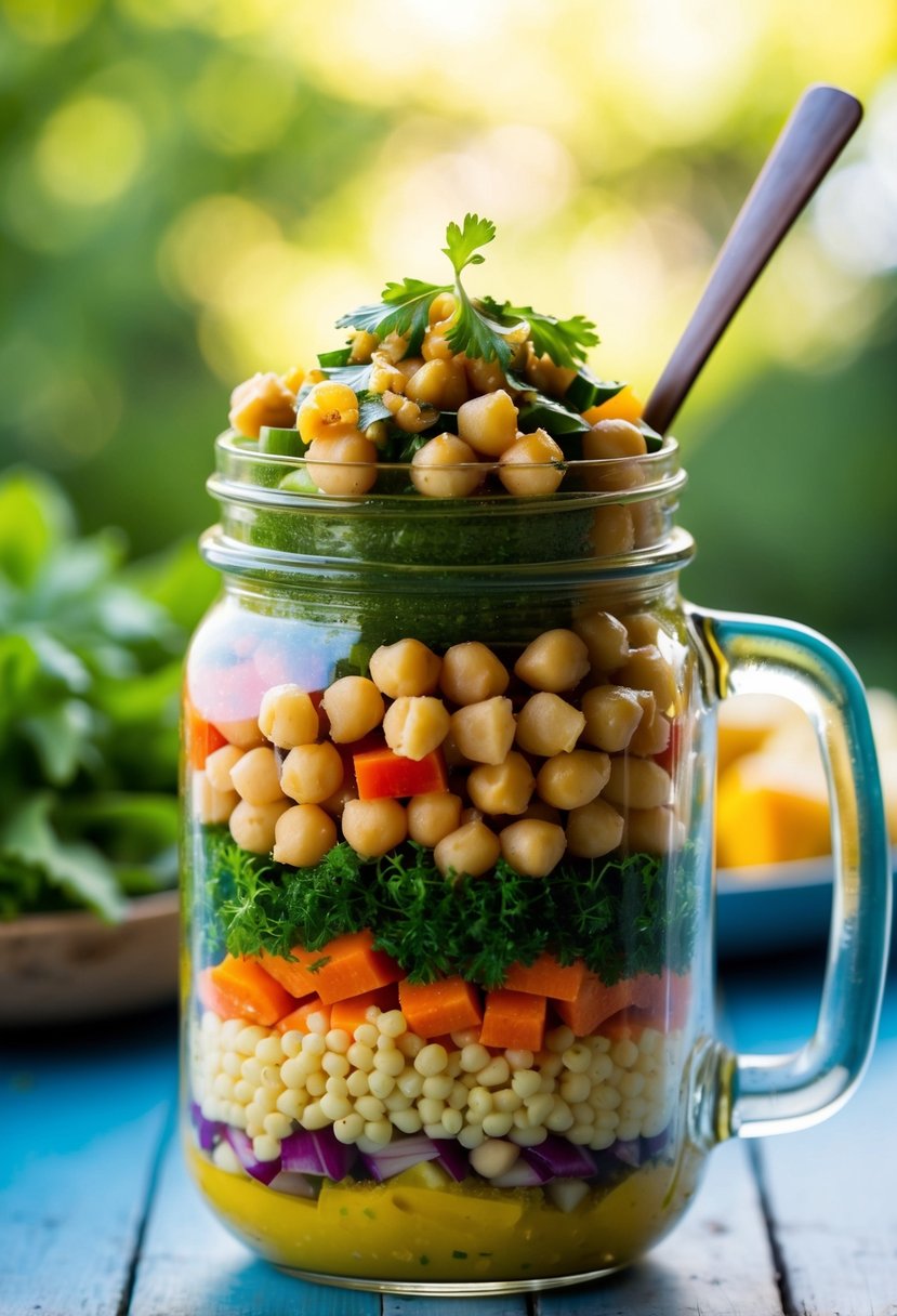 A colorful mason jar filled with layers of chickpeas, couscous, and fresh vegetables, topped with a vibrant vinaigrette