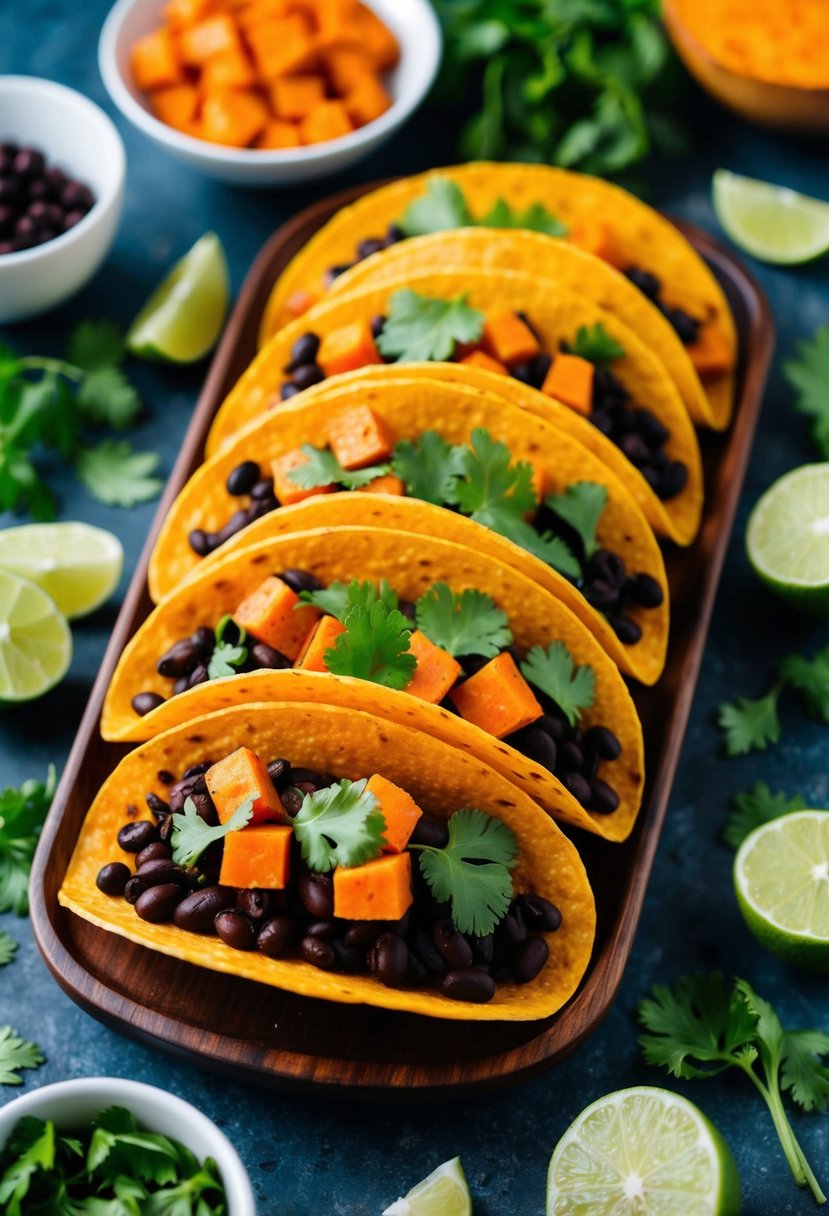 A colorful array of sweet potato and black bean tacos arranged on a wooden tray, surrounded by fresh vegetables and herbs