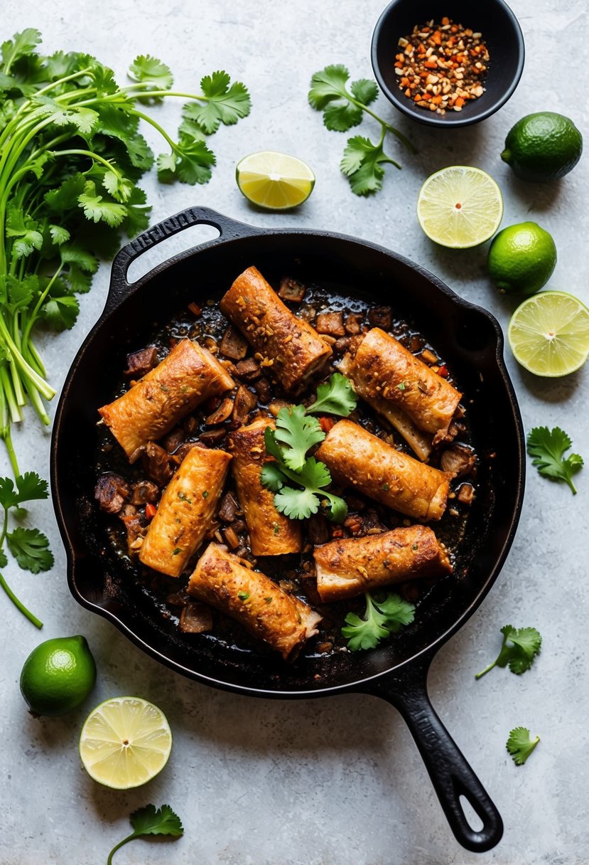 A sizzling skillet of carnitas with crispy edges, seasoned with keto-friendly spices, surrounded by fresh cilantro and lime wedges