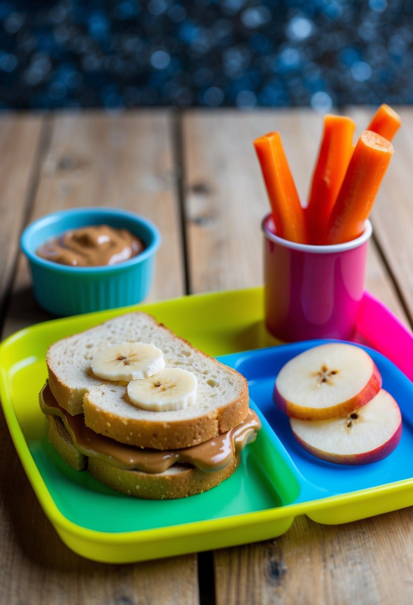 A banana & almond butter sandwich sits on a colorful lunch tray next to a sliced apple and a container of carrot sticks