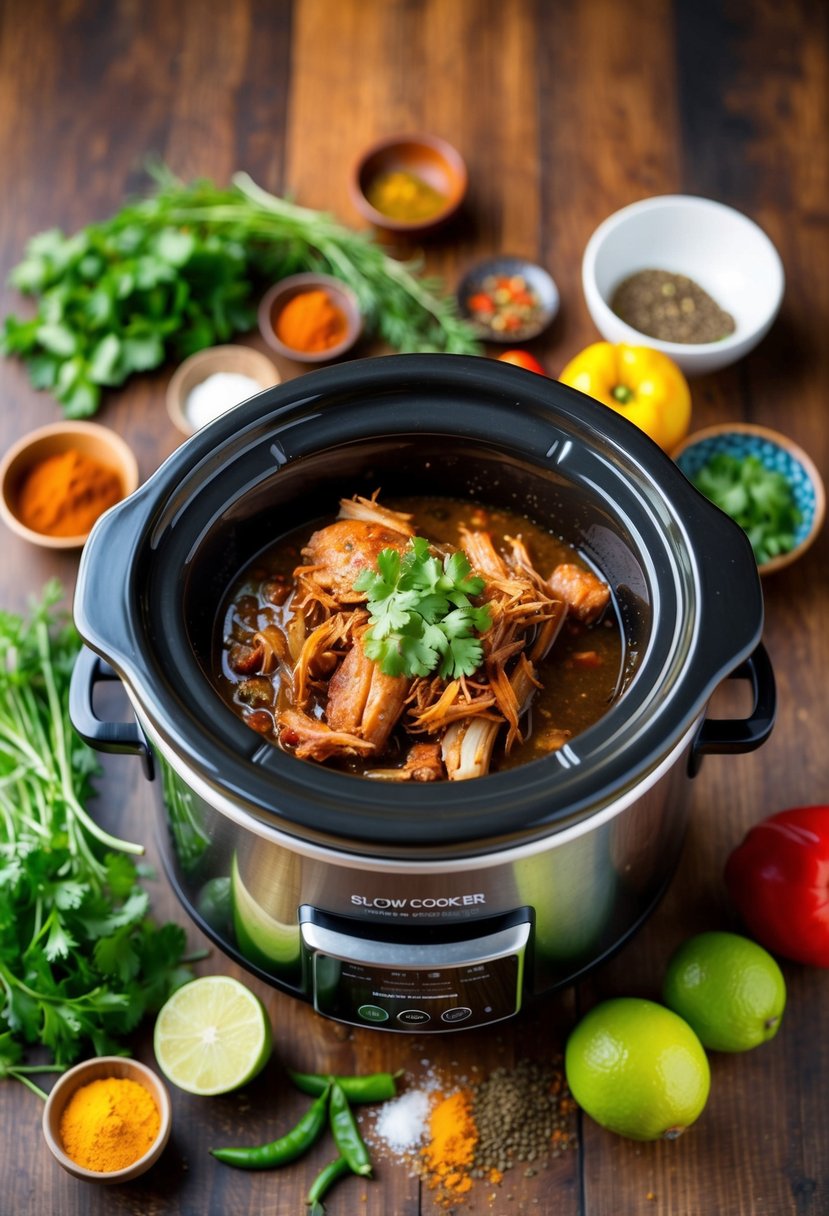 A slow cooker filled with keto pork carnitas, surrounded by vibrant spices and fresh herbs