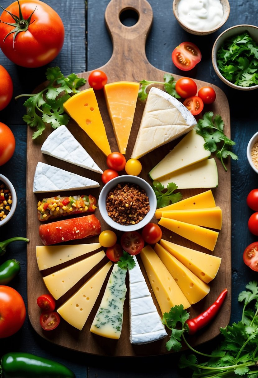 A colorful array of Mexican cheeses arranged on a rustic wooden board, surrounded by vibrant ingredients like tomatoes, cilantro, and chili peppers