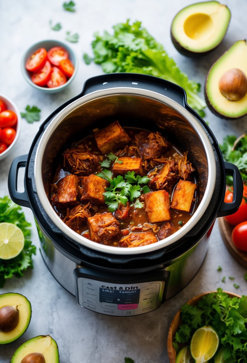 A sizzling Instant Pot filled with juicy, flavorful carnitas surrounded by vibrant keto-friendly ingredients like avocado, lettuce, and tomatoes