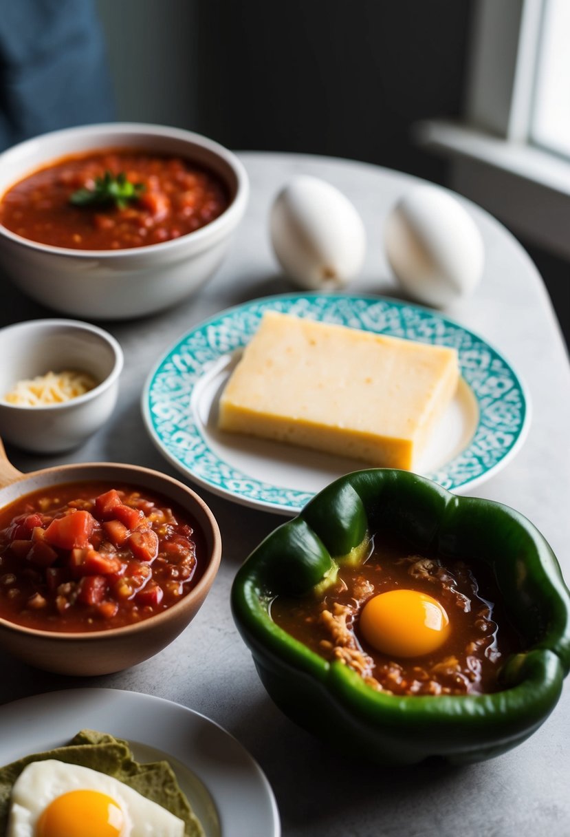 A table set with ingredients for Chiles Rellenos: poblano peppers, Mexican cheese, eggs, and tomato sauce