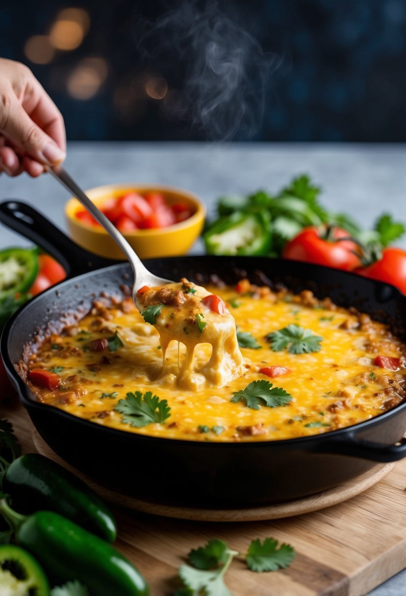 A bubbling skillet of Queso Fundido with melted Mexican cheese, surrounded by colorful ingredients like jalapeños, tomatoes, and cilantro