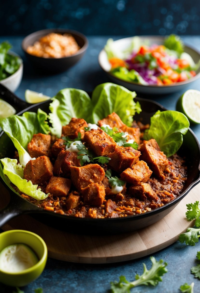 A sizzling skillet of spicy carnitas nestled in crisp lettuce leaves, surrounded by vibrant keto-friendly toppings