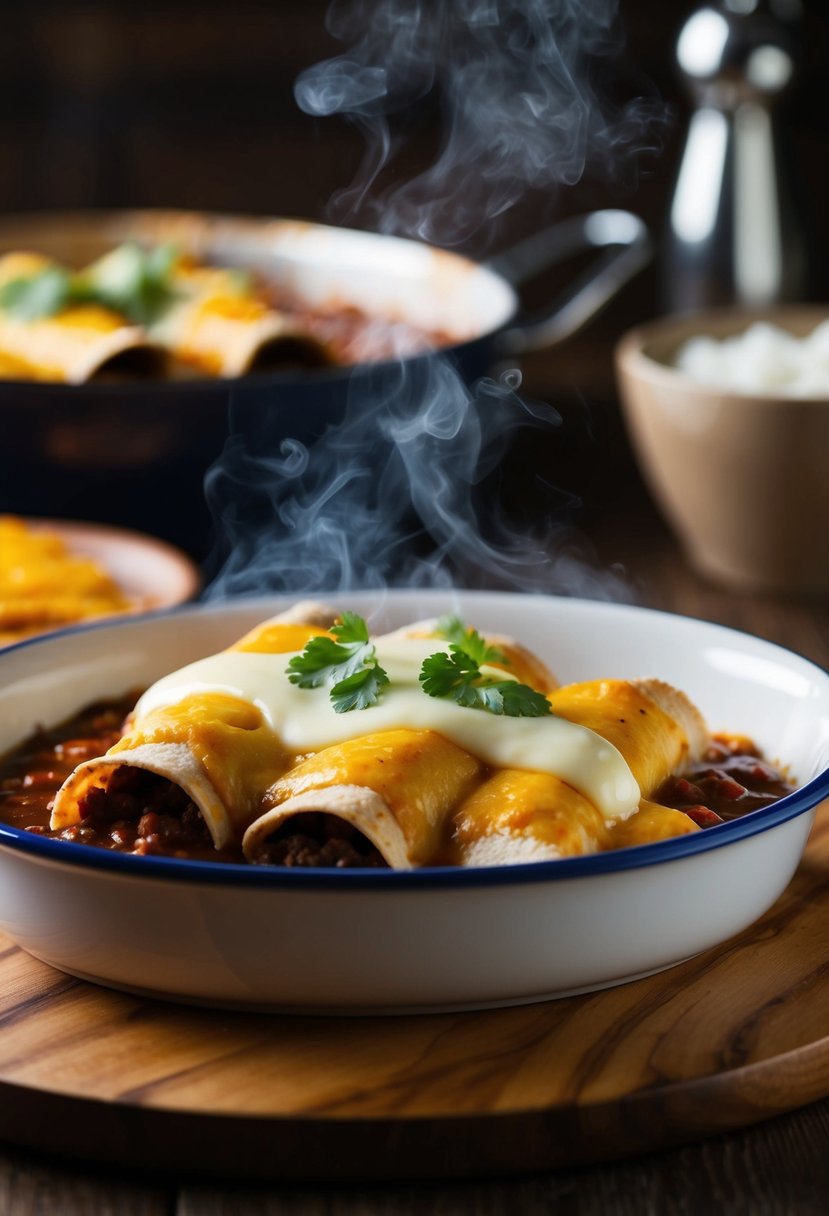 A steaming dish of enchiladas Suizas topped with melted Mexican cheese